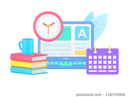 Internet exam laptop user interface with wall watch and schedule 3d icon isometric vector 116570008