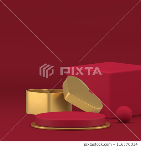 Red 3d podium luxury pedestal with golden heart gift box for shopping product show realistic vector 116570014