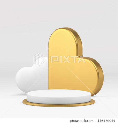 White luxury cylinder 3d podium pedestal with golden heart wall for product show realistic vector White luxury cylinder 3d podium pedestal with golden heart wall for product show realistic vector 116570015