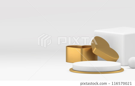 White 3d podium pedestal with golden heart gift box luxury product presentation realistic vector White 3d podium pedestal with golden heart gift box luxury product presentation realistic vector 116570021