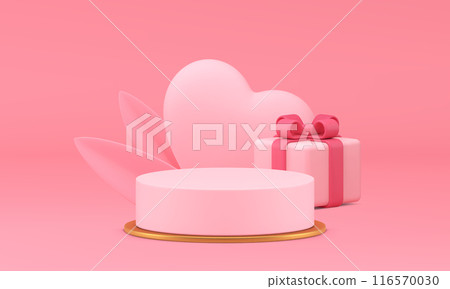 Romantic pink 3d podium pedestal with heart and gift box for product show realistic vector 116570030