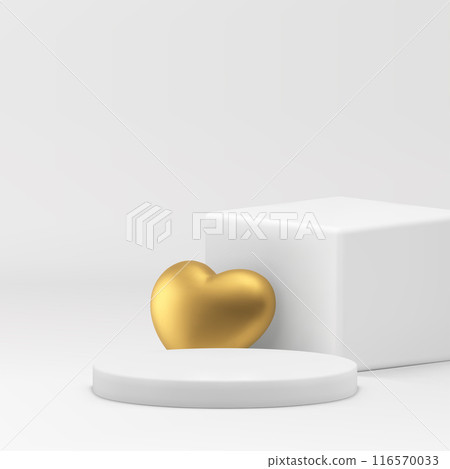 White geometric 3d podium pedestal with luxury golden heart for product show realistic vector White geometric 3d podium pedestal with luxury golden heart for product show realistic vector 116570033