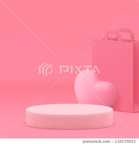 Pink feminine 3d cylinder podium pedestal shopping gift with heart realistic vector illustration 116570052