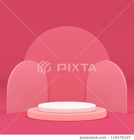 Pink 3d podium pedestal cylinder step stand and geometric wall empty showroom realistic vector 116570107