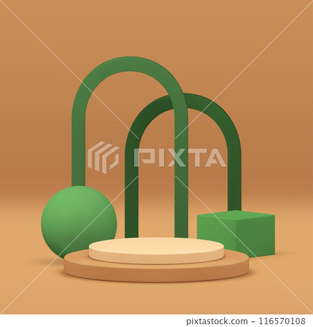 Trendy 3d beige cylinder podium with green arch geometric display for product promo realistic vector Trendy 3d beige cylinder podium with green arch geometric display for product promo realistic vector 116570108