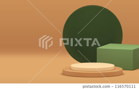 Beige showroom 3d podium cylinder green squared pedestal for product display realistic vector 116570111