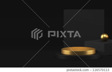 Black luxury showroom 3d podium pedestal with golden elements for product show realistic vector Black luxury showroom 3d podium pedestal with golden elements for product show realistic vector 116570113