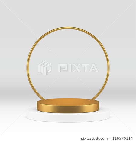 White elegant 3d podium pedestal with golden ring wall for product presentation realistic vector 116570114