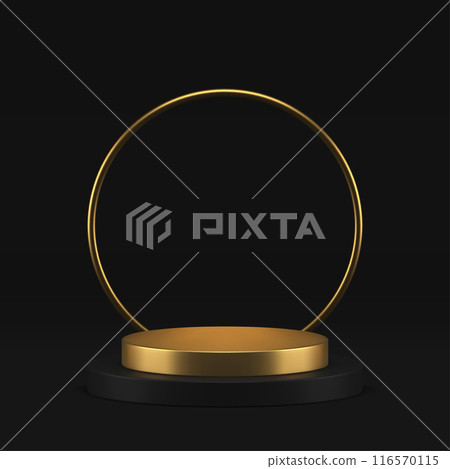 Golden elegant luxury 3d podium pedestal cylinder step stage with ring wall realistic vector 116570115