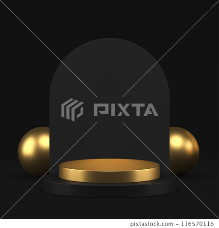 Luxury step podium black golden cylinder 3d pedestal with geometric wall realistic vector Luxury step podium black golden cylinder 3d pedestal with geometric wall realistic vector 116570116