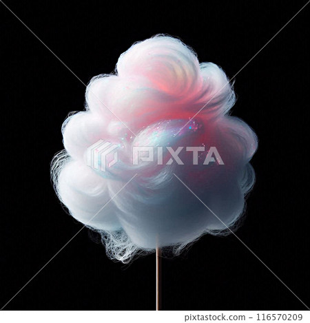 Pink cotton candy, reminiscent of a fluffy cloud, on a stick against a dark background, evoking simplicity and nostalgia. Pink cotton candy, reminiscent of a fluffy cloud, on a stick against a dark background, evoking simplicity and nostalgia. 116570209