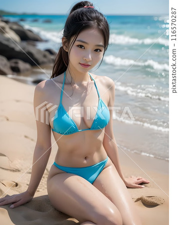 A woman in a swimsuit swimming on a sunny, rocky beach 116570287