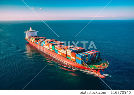 Long cargo ship with containers sailing on the ocean, generative ai 116570540