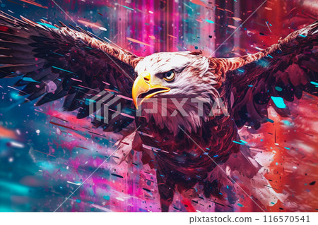 Colorful graphics and Bald eagle with spread wings, generative AI 116570541