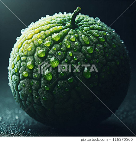 Green fruit with water droplets on the surface creates a fresh and natural look. Orange. 116570560