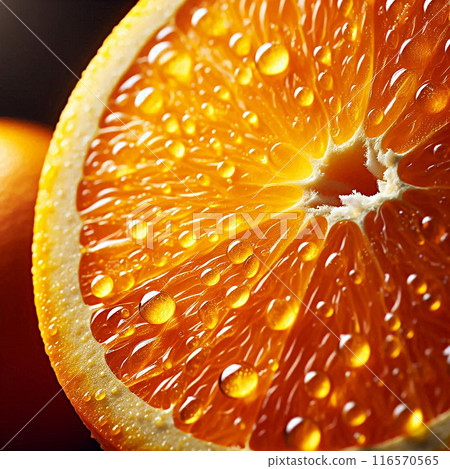 A close-up of a vibrant orange slice with water droplets, highlighting freshness, texture, and vivid colors. A close-up of a vibrant orange slice with water droplets, highlighting freshness, texture, and vivid colors. 116570565