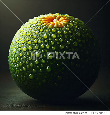 Green fruit with water droplets on the surface creates a fresh and natural look. Orange. 116570568