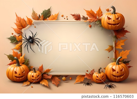 Halloween card, blank space for text, pumpkin, autumn leaves 116570603