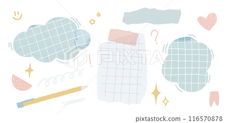 Doodle memo clouds and torn notes, grip paper, small drawing elements like stars and heart. journal vector box, notebook shape 116570878