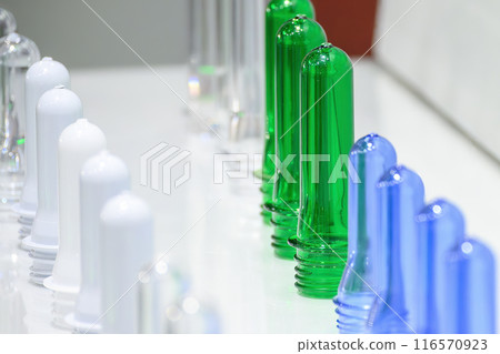 Close up scene of group of preform shape for PET bottle products. Close up scene of group of preform shape for PET bottle products. 116570923