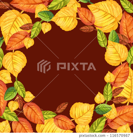 watercolor square frame of autumn forest leaves, hand drawn illustration of yellow and orange forest leaves, green and brown different leaves, sketch on brown background watercolor square frame of autumn forest leaves, hand drawn illustration of yellow and orange forest leaves, green and brown different leaves, sketch on brown background 116570987