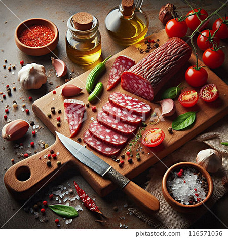 The rustic wooden board features sliced salami, tomatoes, garlic, sea salt, peppercorns - a delicious culinary scene. 116571056