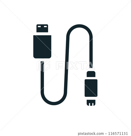 A USB charging cable Icon: A vector illustration in monochrome, depicted entirely filled. 116571131