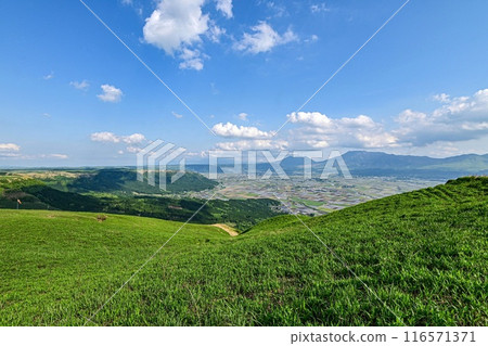 [Kyushu] The view of the caldera and the five peaks of Aso from the highest point, Daikanbo, as well as the view looking down on the town of Aso, are magnificent and beautiful. 116571371