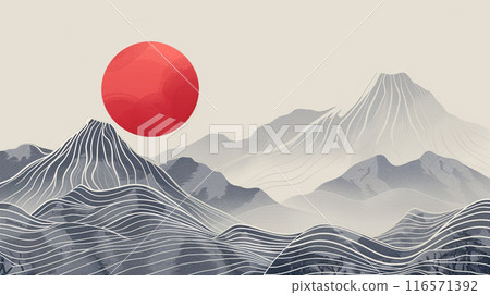 Japanese art style. A mountain range with a red sun in the sky. The mountains are covered in mist and the sun is setting 116571392