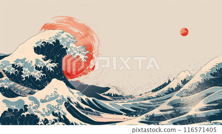 Japanese art style. A mountain range with a red sun in the sky. The mountains are covered in mist and the sun is setting 116571405