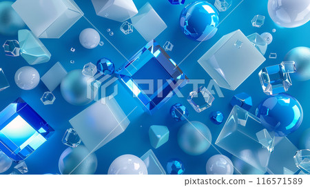 An abstract background with various geometric shapes, including cubes, spheres, and irregular forms, predominantly in shades of blue with subtle hints of white and purple. An abstract background with various geometric shapes, including cubes, spheres, and irregular forms, predominantly in shades of blue with subtle hints of white and purple. 116571589