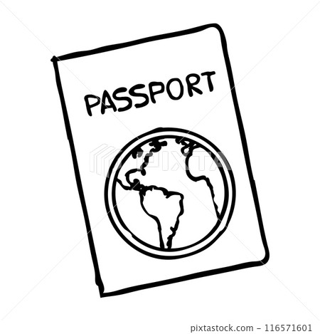 Doodle Passport with globe sketch. Hand drawn graphic symbol isolated on white background 116571601