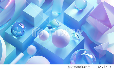 An abstract background with various geometric shapes, including cubes, spheres, and irregular forms, predominantly in shades of blue with subtle hints of white and purple. 116571603