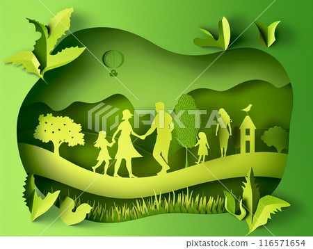 Paper art of family and park on green town shape. Origami concept and ecology idea.  116571654