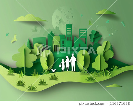 Paper art of family and park on green town shape. Origami concept and ecology idea.  116571658