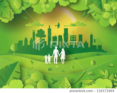 Paper art of family and park on green town shape. Origami concept and ecology idea.  Paper art of family and park on green town shape. Origami concept and ecology idea.  116571664