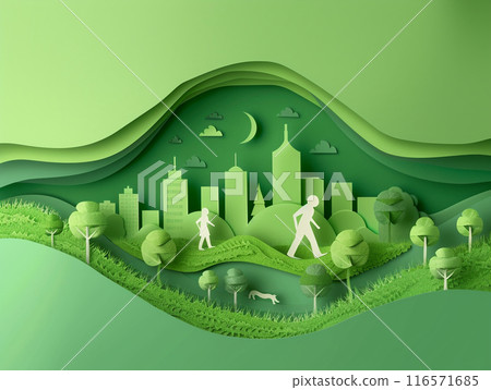 Paper art of family and park on green town shape. Origami concept and ecology idea.  116571685