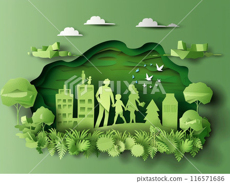 Paper art of family and park on green town shape. Origami concept and ecology idea.  116571686