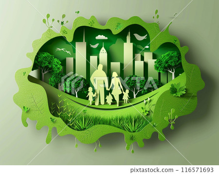 Paper art of family and park on green town shape. Origami concept and ecology idea.  116571693