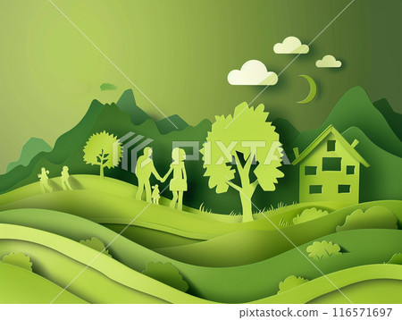 Paper art of family and park on green town shape. Origami concept and ecology idea. Paper art of family and park on green town shape. Origami concept and ecology idea. 116571697