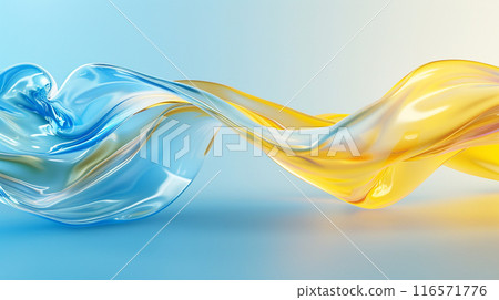 Transparent glossy glass ribbon floating in the air. Yellow and blue colors curved wave in motion. Transparent glossy glass ribbon floating in the air. Yellow and blue colors curved wave in motion. 116571776