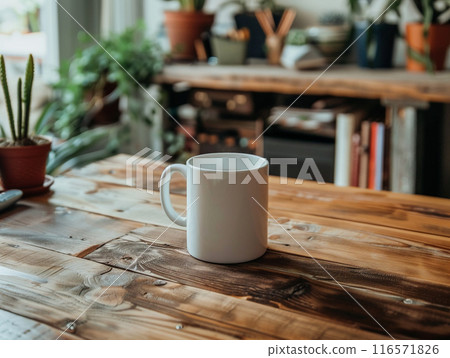 A white mug sitting on a vintage aged rosewood desk with various modern office supplies organized around it.  A white mug sitting on a vintage aged rosewood desk with various modern office supplies organized around it.  116571826