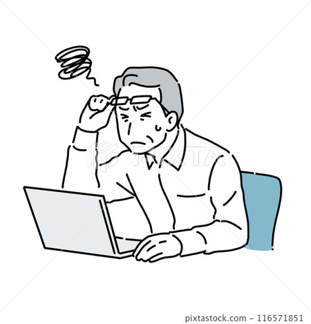 A middle-aged man who has difficulty reading text on a computer due to presbyopia A middle-aged man who has difficulty reading text on a computer due to presbyopia 116571851