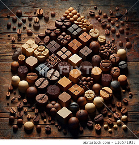 An assortment of chocolates and coffee beans arranged on a rustic wooden surface 116571935