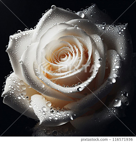 Dew-covered white rose close-up on a dark background. 116571936