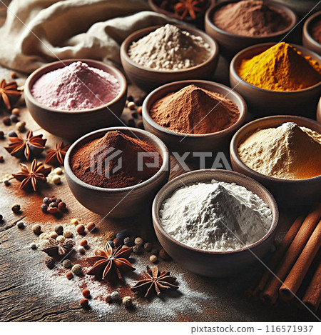 Assorted Spices In Wooden Bowls On Rustic Wooden Table. Various colorful spices in wooden bowls on a rustic table. Perfect for cooking and kitchen-themed concepts. 116571937
