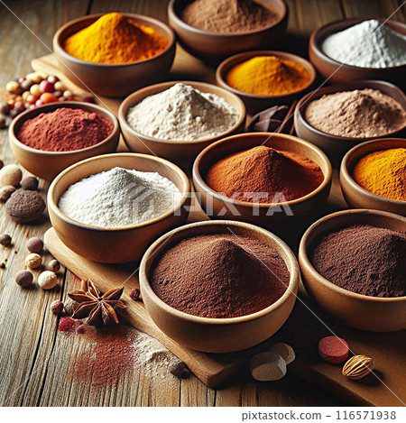 Assorted Spices In Wooden Bowls On Rustic Wooden Table. Various colorful spices in wooden bowls on a rustic table. Perfect for cooking and kitchen-themed concepts. Assorted Spices In Wooden Bowls On Rustic Wooden Table. Various colorful spices in wooden bowls on a rustic table. Perfect for cooking and kitchen-themed concepts. 116571938