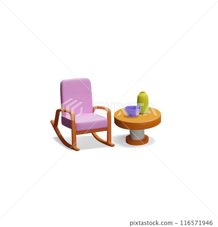 3D illustration of an retro rocking chair with a table, a plate, a vase 116571946