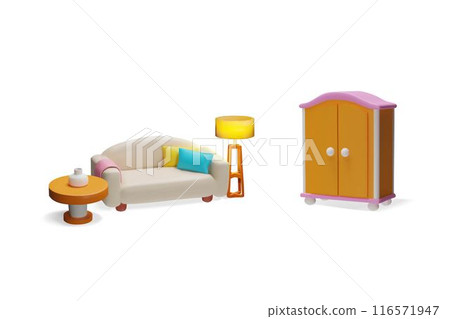 Modern sofa with pillows, floor lamp, round table with vase and closet 3D vector, volume couch lounge furniture interior Modern sofa with pillows, floor lamp, round table with vase and closet 3D vector, volume couch lounge furniture interior 116571947