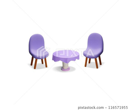 Modern pair of blue armchairs, soft chair with wooden legs and round table 3D plastic style vector, furniture interior Modern pair of blue armchairs, soft chair with wooden legs and round table 3D plastic style vector, furniture interior 116571955